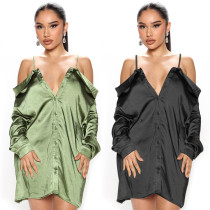 Women Long Sleeves Satin Sexy Off Shoulder Shirts Slip Skirts