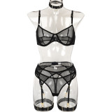 Women Sexy Mesh Patchwork Lingerie Set with Neck and Leg Rings