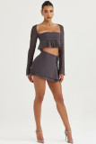 Women Long Sleeve Ruffle Crop Top+ Mini Skirt Two Piece