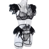 Women Metal Chain Lace Feather Lace Lingerie Set