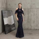 Women Elegant Long Short Sleeve Sequins Fishtail Evening Dress