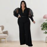 Plus Size Women Lapel Mesh Long Sleeve Jumpsuit with Belt