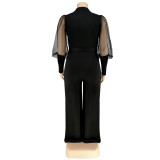 Plus Size Women Lapel Mesh Long Sleeve Jumpsuit with Belt