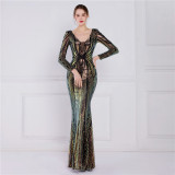 Women Elegant Long Sleeve Sequins Mermaid Dress Evening Dress