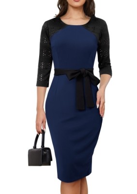 Chic Elegant Lace Patchwork Zip Colorblock Midi Dress Bodycon Work Dress