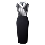 Houndstooth Patchwork Sleeveless Mid-Waist Polo Neck Bodycon Work Dress