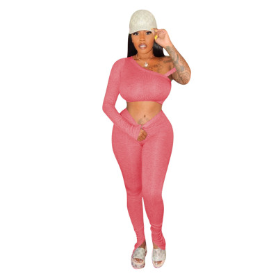 Women's High Stretch Ribbed Ribbed Long Sleeve Pant Set Two Piece Nightclub