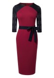 Chic Elegant Lace Patchwork Zip Colorblock Midi Dress Bodycon Work Dress