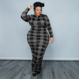 Fall Check Print Hooded Long Tight Fitting Plus Size Women's Dress