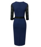 Chic Elegant Lace Patchwork Zip Colorblock Midi Dress Bodycon Work Dress