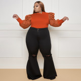 Fall Solid Color Puff Sleeve Slim Top Plus Size Women's Top