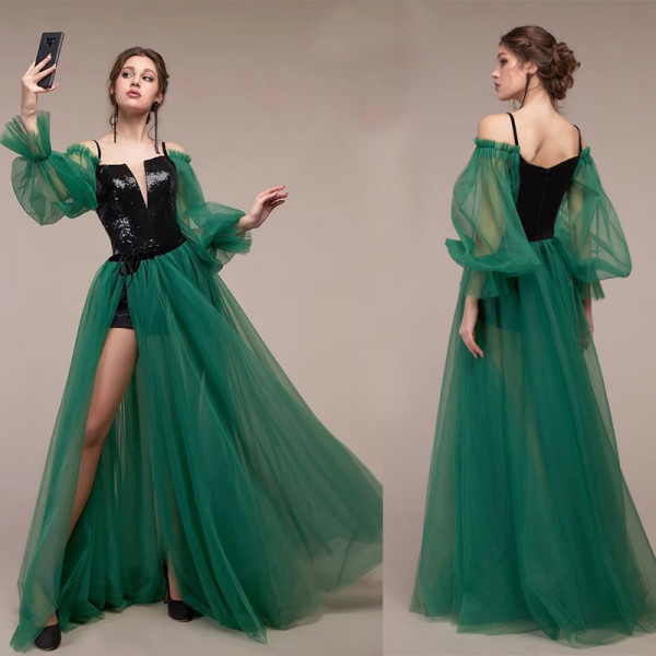 Autumn women's v-neck long-sleeve slit dress long evening dress