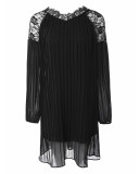 Women Black Pleated Patchwork Lace Short Dress