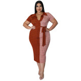 Fashion Plus Size Women's Summer Fashion Casual Shirt Collar Colorblock Bodycon Dress