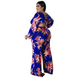 Plus Size Women's Big Flower Print Sexy Low Back Lace-Up Long Sleeve Jumpsuit