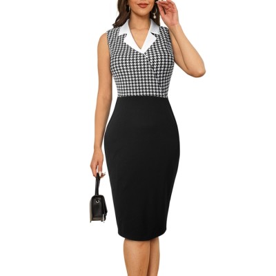 Houndstooth Patchwork Sleeveless Mid-Waist Polo Neck Bodycon Work Dress