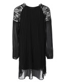 Women Black Pleated Patchwork Lace Short Dress