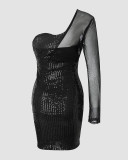 Women's Black Sequin One Shoulder Club Dress
