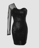 Women's Black Sequin One Shoulder Club Dress