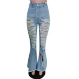 Fall Ripped Fashion Denim Pants Washed Ripped Small Bell Bottom Flare Jeans