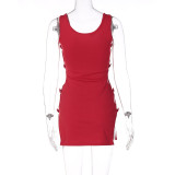 Women'S Summer Hollow Split Solid Color Sleeveless Mini Dress