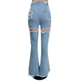 Fall Ripped Fashion Denim Pants Washed Ripped Small Bell Bottom Flare Jeans