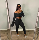 Women'S Ribbed Solid Off Shoulder Fashion Casual Two Piece Pants Set