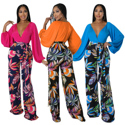 Women'S Solid Color Deep V Top And Printed Loose Trousers Two-Piece Set