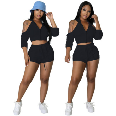 Women'S Solid Color Zip Open Shoulder Long Sleeve Sexy Low Back Casual Two Piece Shorts Set