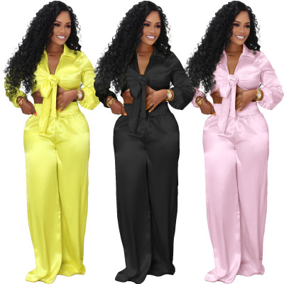Women'S Autumn And Winter Satin Fabric Lantern Sleeves Loose Trousers Two-Piece Set