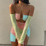 Women'S Summer Mesh Patchwork Wrap Halter Neck Long Sleeve Slim Fit Mini Dress