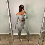 Women'S Ribbed Solid Off Shoulder Fashion Casual Two Piece Pants Set