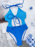 Summer Sexy Color Contrast Halter Lace-Up One Piece Swimsuit