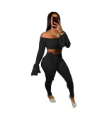 Women'S Ribbed Solid Off Shoulder Fashion Casual Two Piece Pants Set