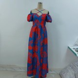 Spring/Summer Women'S Printed Strap Halter Off Shoulder Slit Maxi Dress