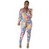 Women'S Print Button Long Sleeve Shirt Top And Pants Two Piece Set