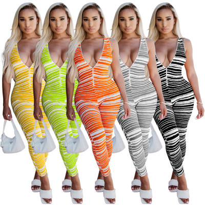 Women Fashion Casual Sleeveless Stripes Print Deep V Tie Zipper Jumpsuit