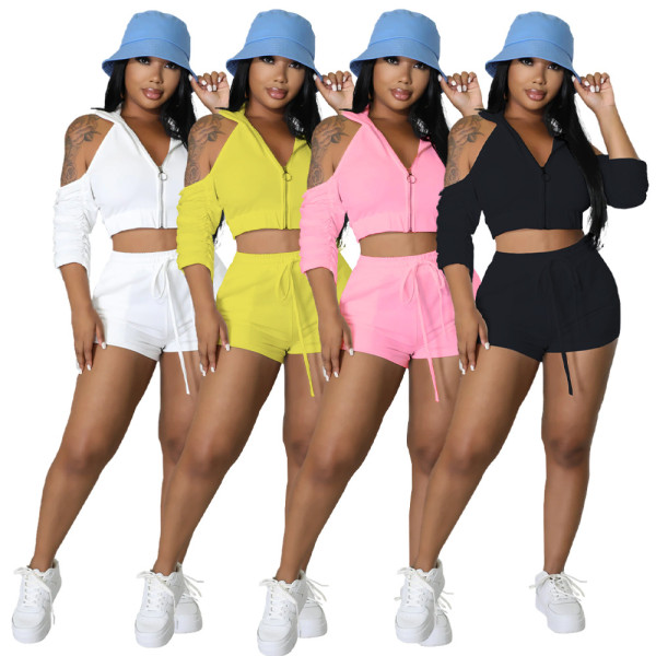 Women'S Solid Color Zip Open Shoulder Long Sleeve Sexy Low Back Casual Two Piece Shorts Set