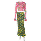 Stylish Autumn Sweet Fashion Contrast Print Sexy Crop Long Sleeve Slim Two Piece Skirt Set