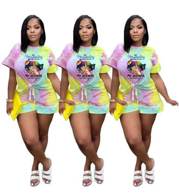 Women'S Fashion Casual Multi-Color Lip Print Loose Short Sleeve Two Piece Shorts Set