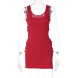 Women'S Summer Hollow Split Solid Color Sleeveless Mini Dress