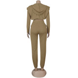 Women Sexy Zip with Cap Long Sleeve Top + Trousers Two-piece Set