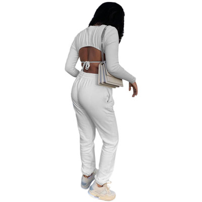 Women Printed Backless Long Sleeve Crop Top+ Knee Pants Sport Two-Piece