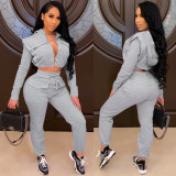 Women Sexy Zip with Cap Long Sleeve Top + Trousers Two-piece Set