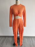 Women Autumn/Winter Long Sleeve Round Neck Top + Fringe Pants Two Piece Set
