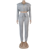 Women Sexy Zip with Cap Long Sleeve Top + Trousers Two-piece Set