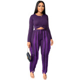 Women Autumn/Winter Long Sleeve Round Neck Top + Fringe Pants Two Piece Set