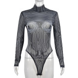Women Sexy Mesh Stripe Print See-Through Turtleneck Long Sleeve Bodysuit