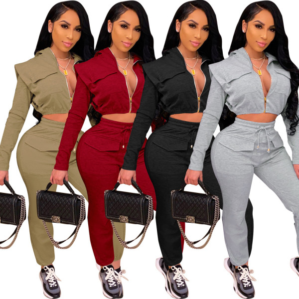 Women Sexy Zip with Cap Long Sleeve Top + Trousers Two-piece Set