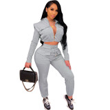 Women Sexy Zip with Cap Long Sleeve Top + Trousers Two-piece Set